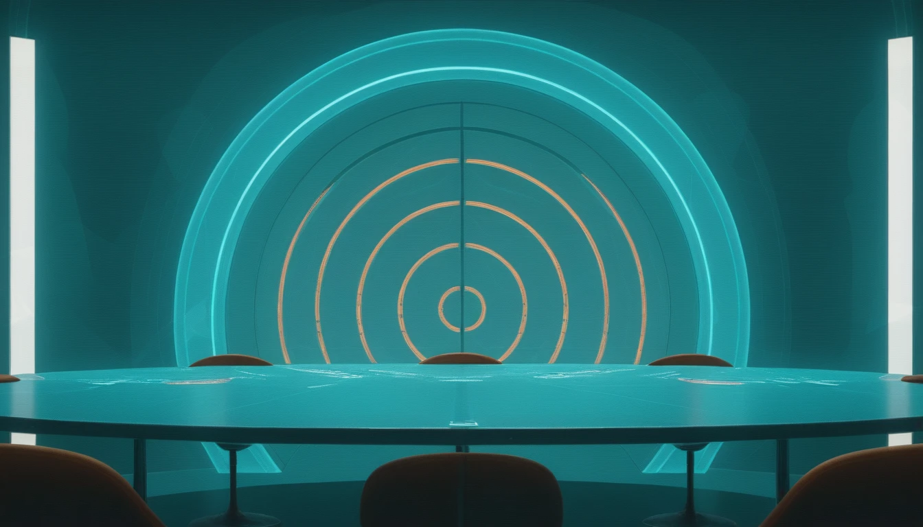 Retro futuristic 3D television studio with blue table and chairs
