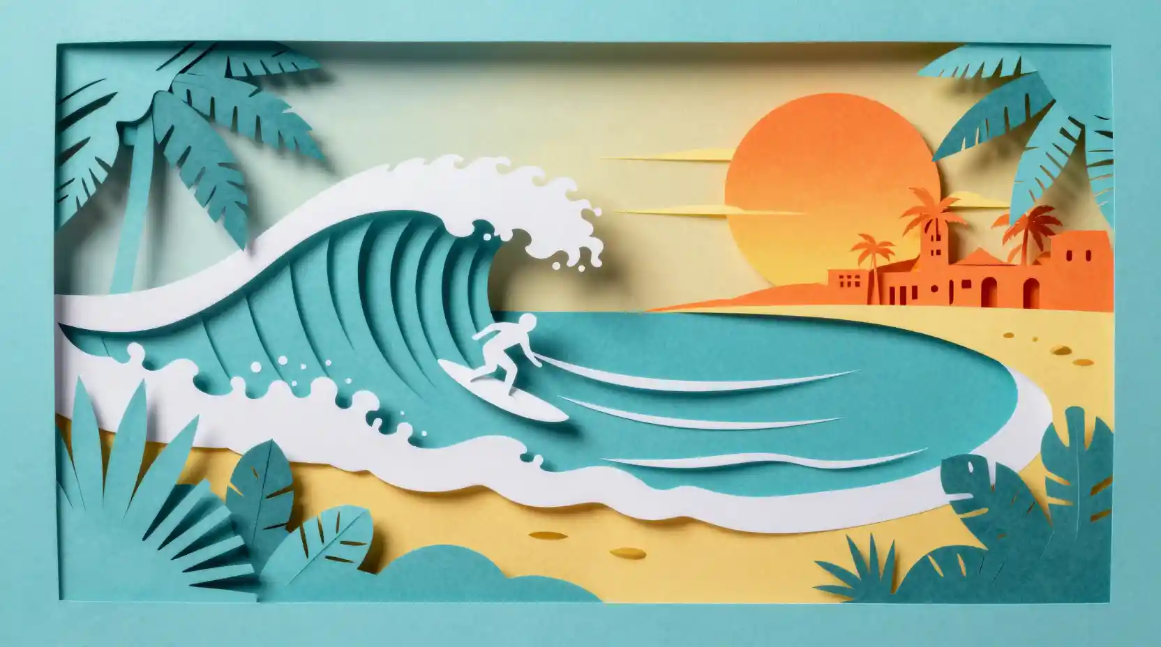 Layered papercraft beach scene with surfer and sunlit town