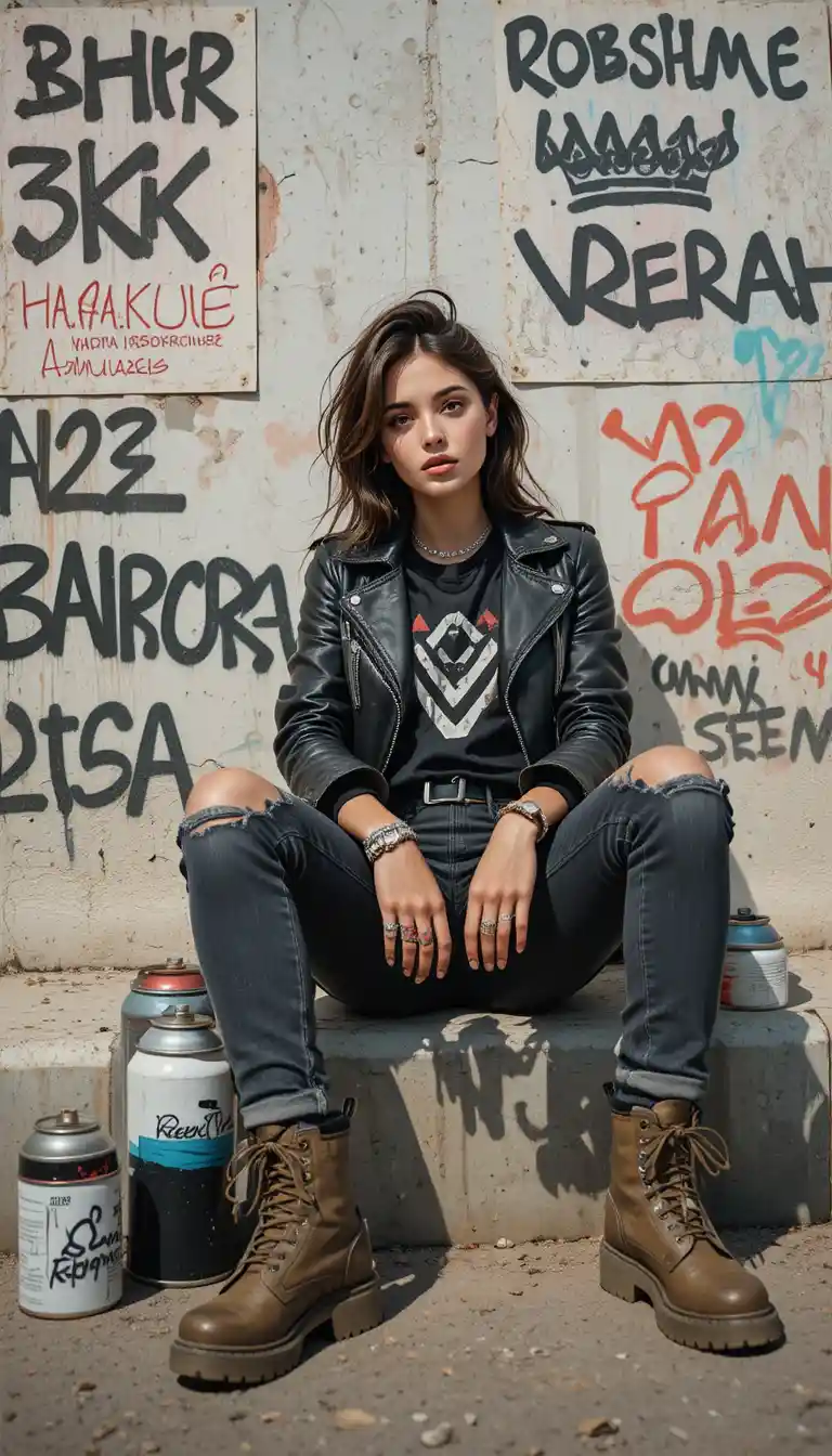 Confident young woman in grunge style on urban street wall