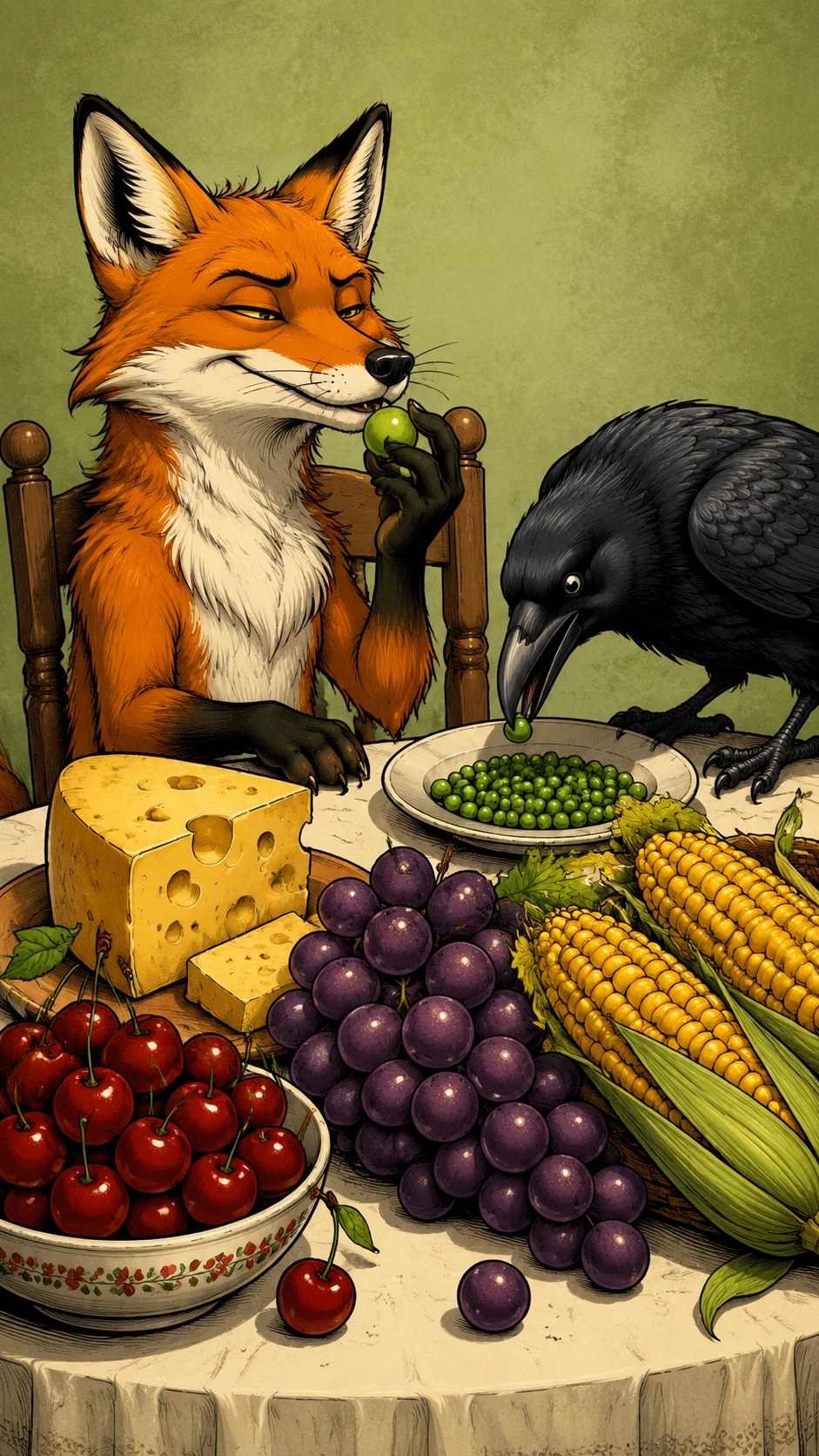 Cartoon fox at a dining table with food and crow