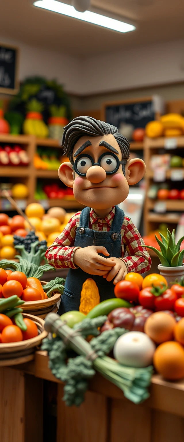 Claymation fruit and vegetable shopkeeper in a grocery store
