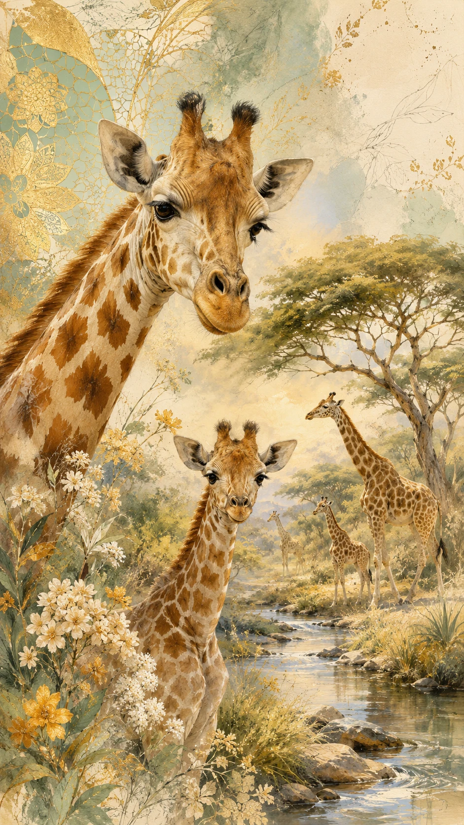 Giraffe herd with calves beside an African stream