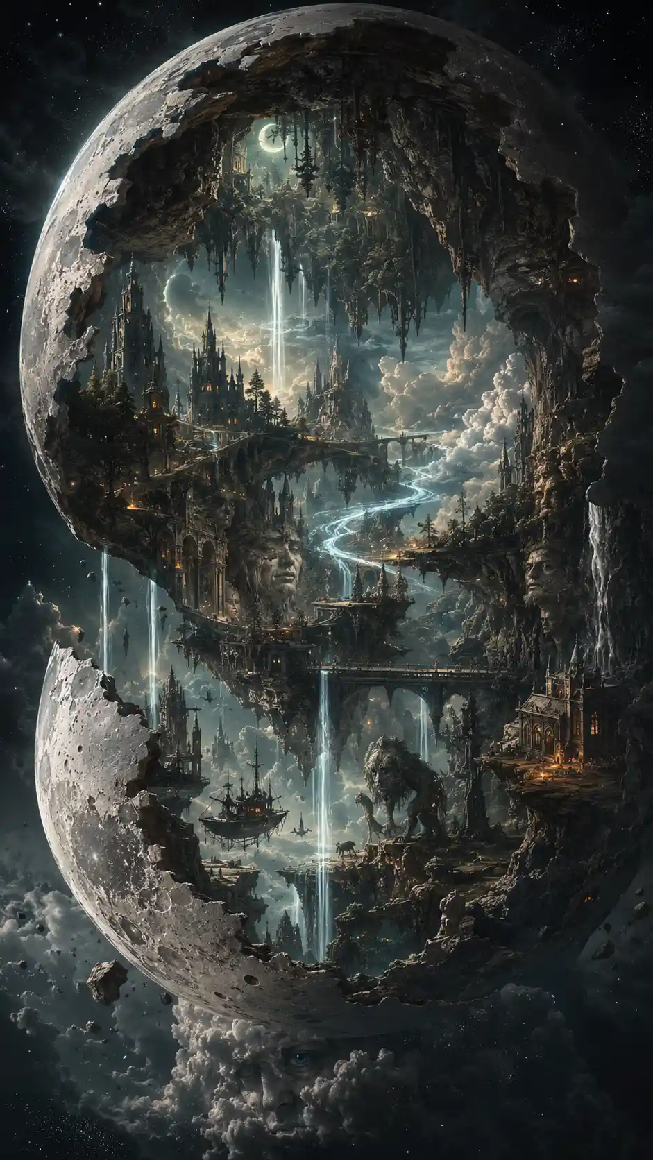 Fractured moon revealing an enchanted world within
