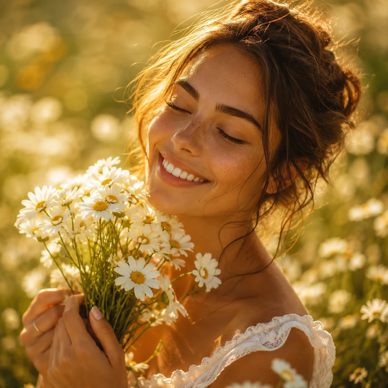 Young woman with white daisies in warm meadow light