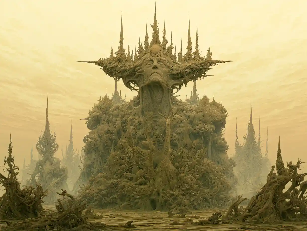 Colossal humanoid figures emerging from a surreal misty landscape