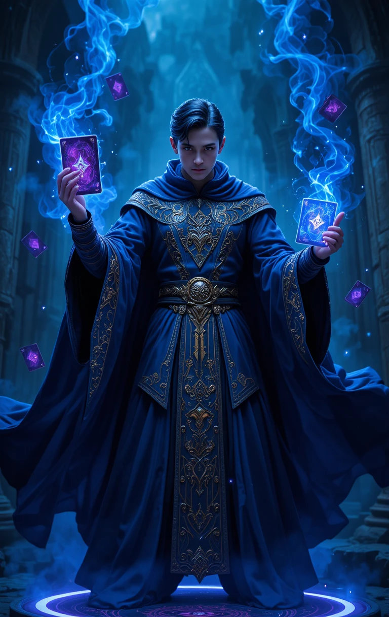 Fantasy card magician in medieval dress with flying cards