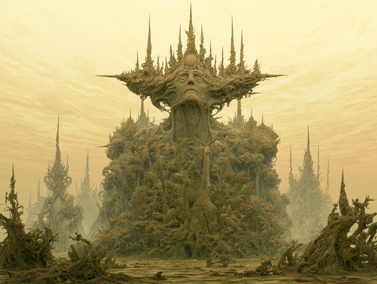 Colossal humanoid figures emerging from a surreal misty landscape
