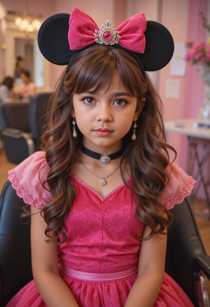 Nervous boy in pink Minnie dress posing in salon chair