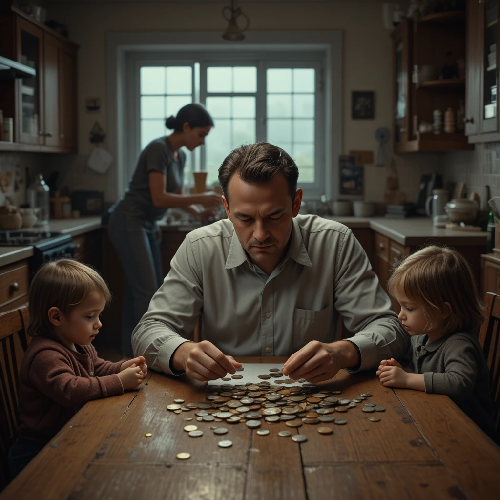 Worried father counting coins at a dim kitchen table