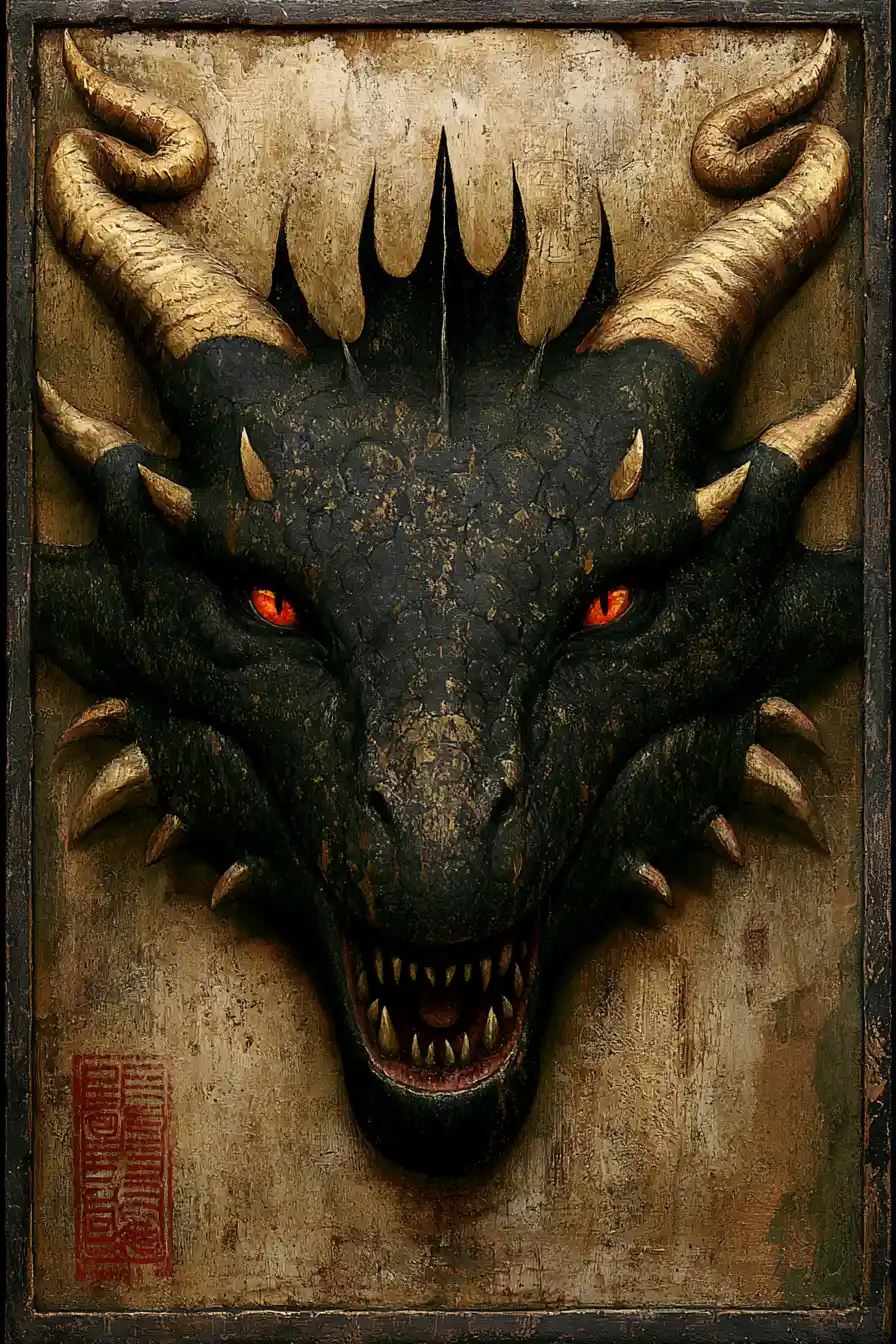 Majestic dragon portrait with golden horns and burning eyes