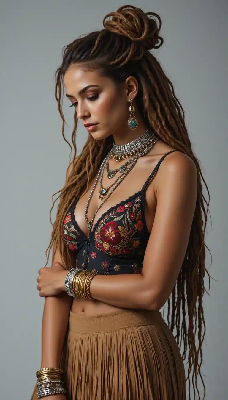 Bohemian woman in profile with dreadlocks and layered jewelry