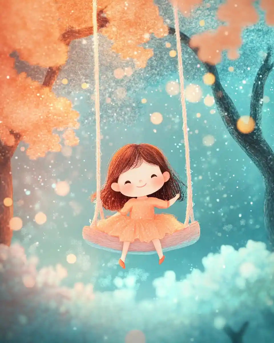 Whimsical anime style children illustration in soft pastel colors