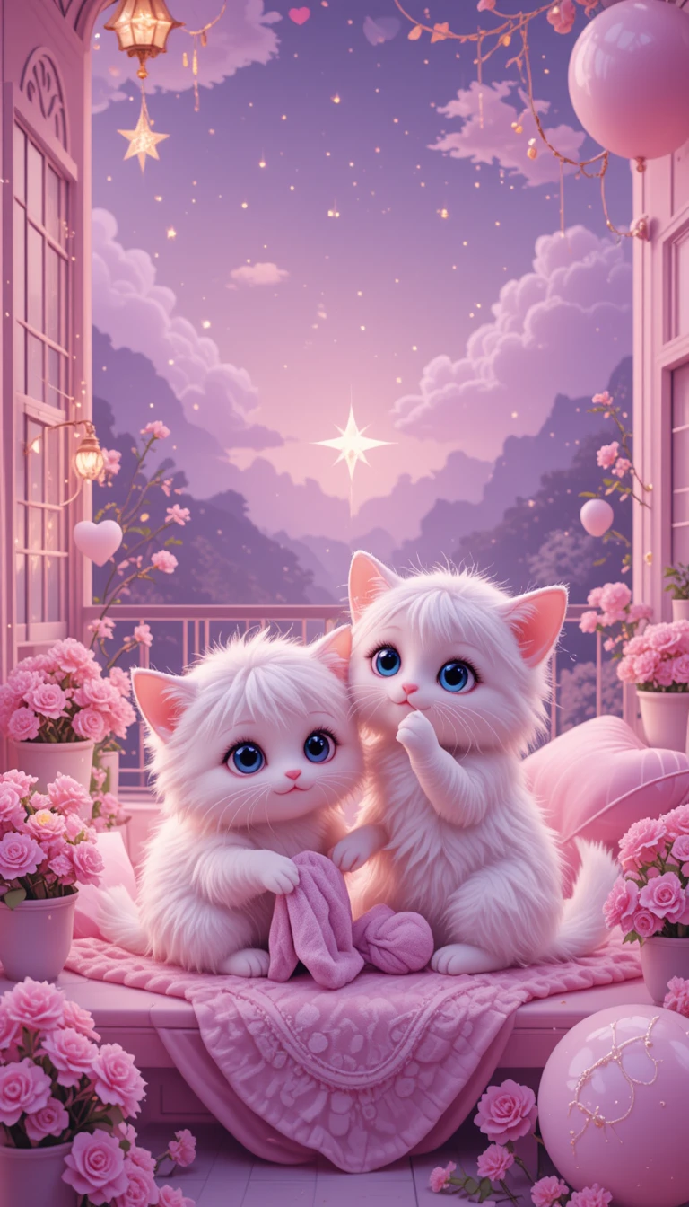 Two fluffy white kittens on a pastel pink night balcony