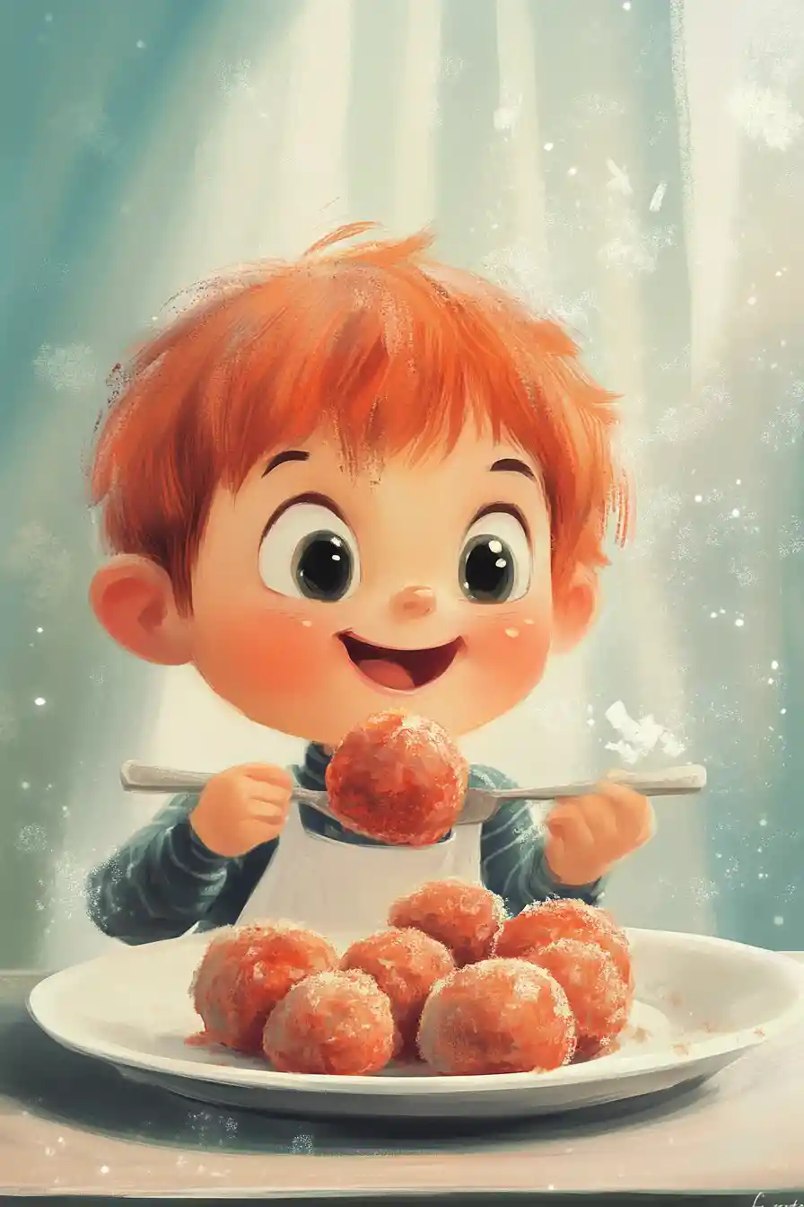 Whimsical anime illustration of tasty meatballs in soft pastel colors