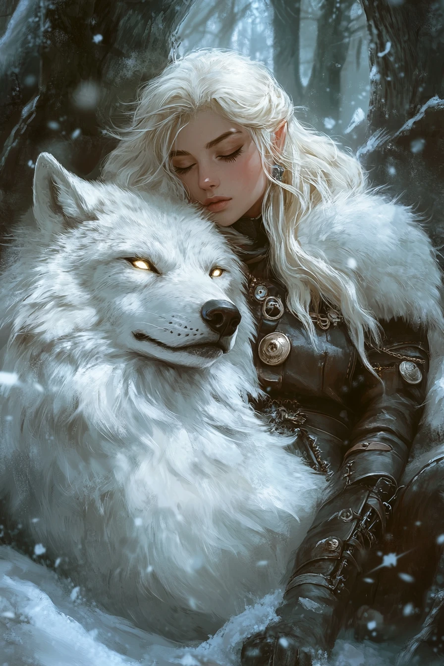 Fantasy princess resting with dire wolf in snowy forest