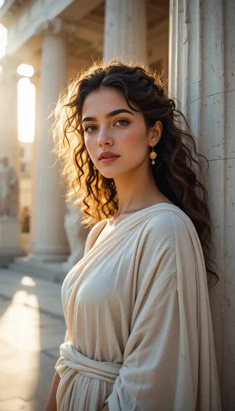 Young Greek woman in sunlight by ancient marble columns