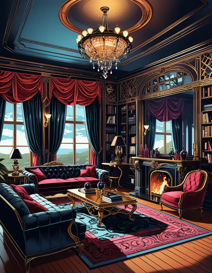 Moody jewel toned luxury interior room in 3D perspective