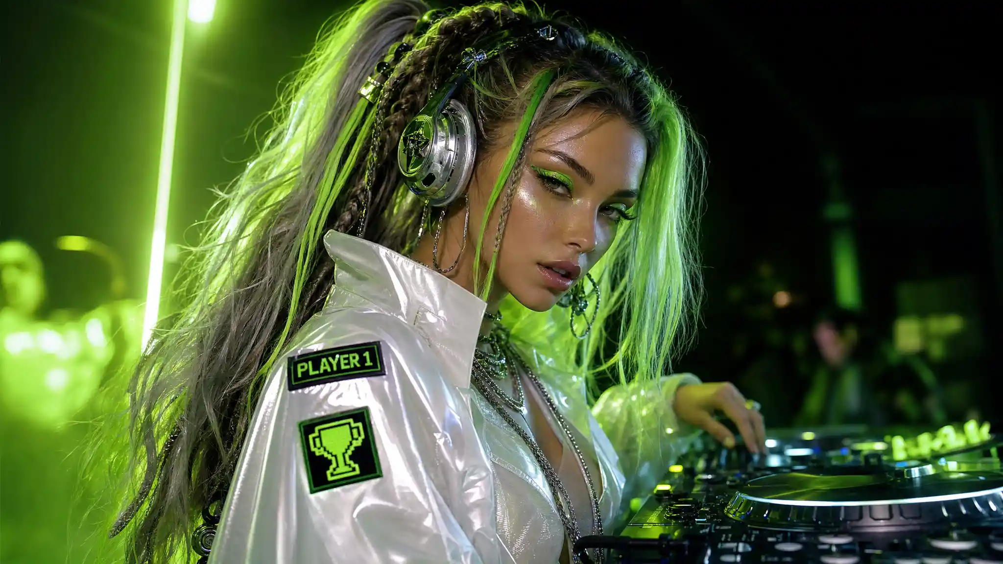Female DJ in neon cyber pop style with headphones
