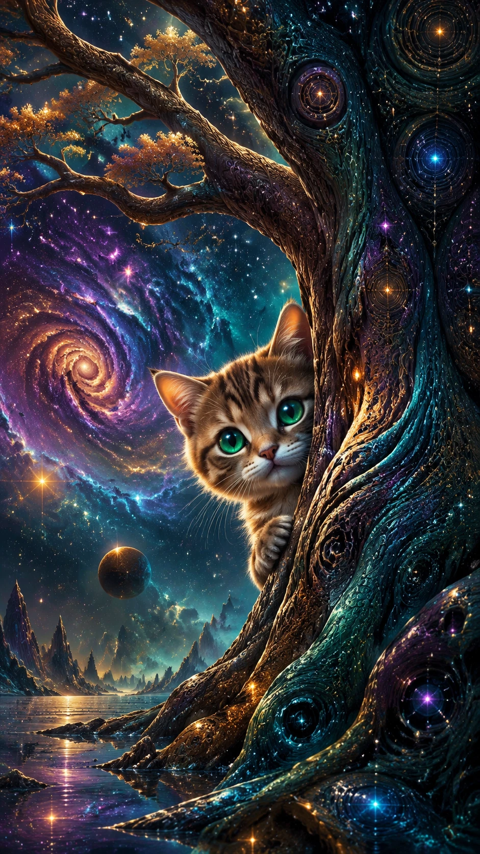 Curious kitten peeking from a colossal cosmic tree