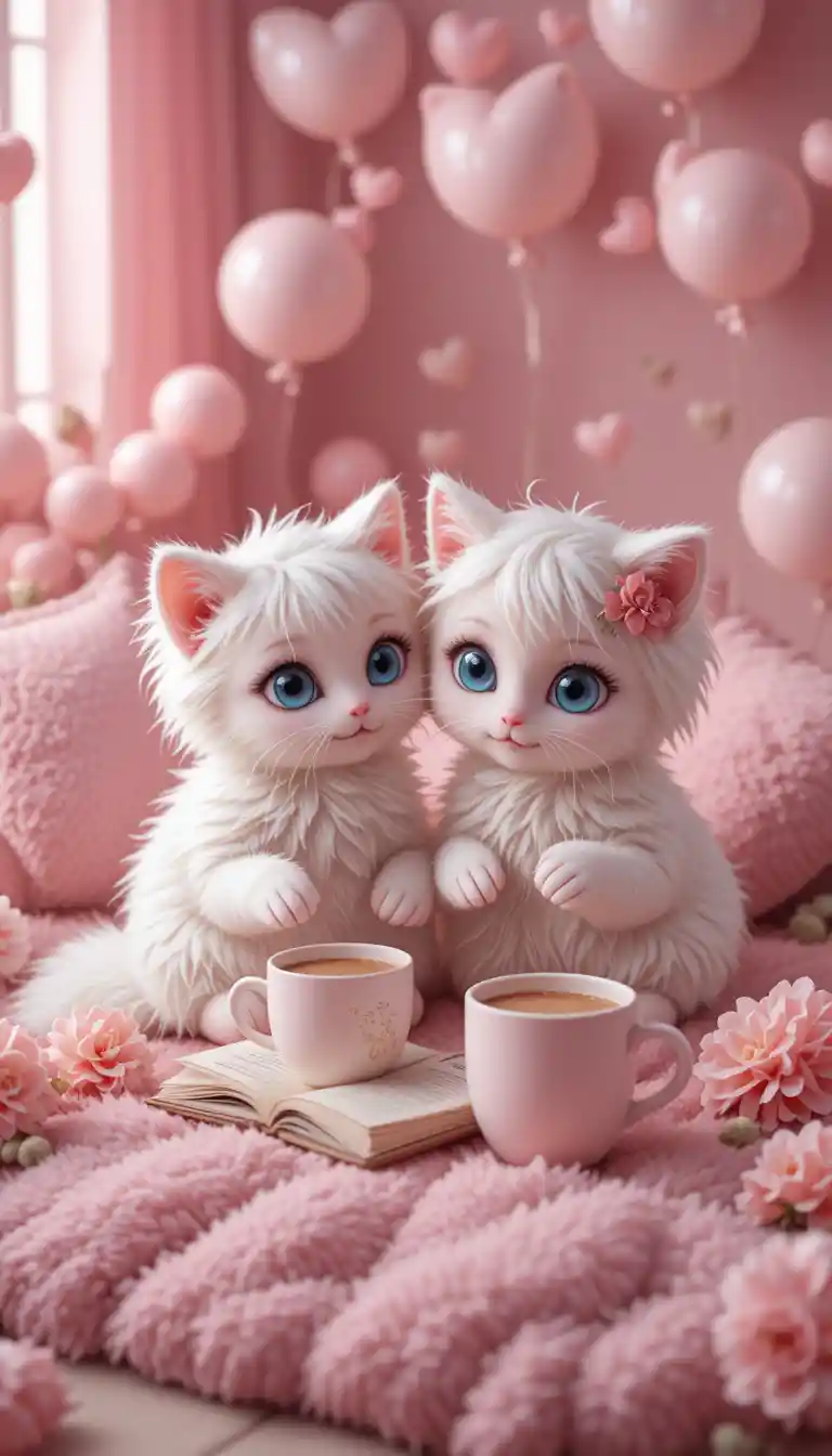 Two fluffy white kittens reading together on pink bedding