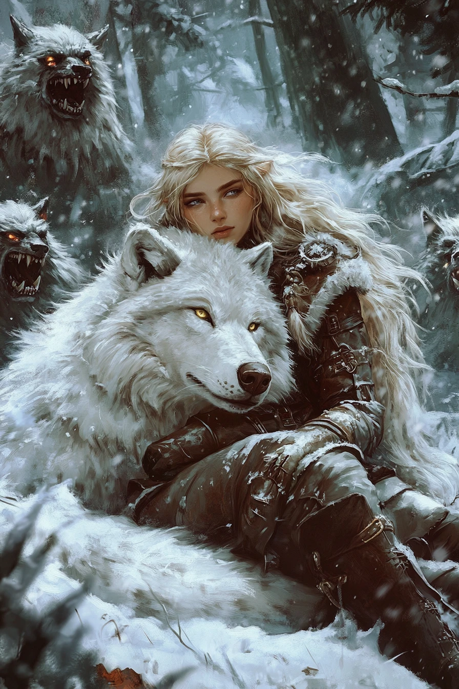 Northern princess with dire wolf in snowy forest