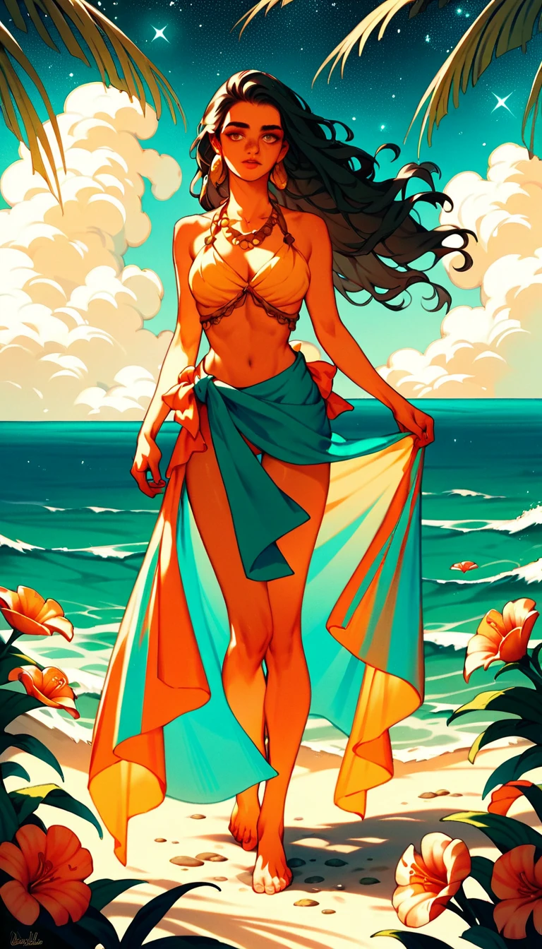 Serene Indian Woman On Moonlit Tropical Beach Shore