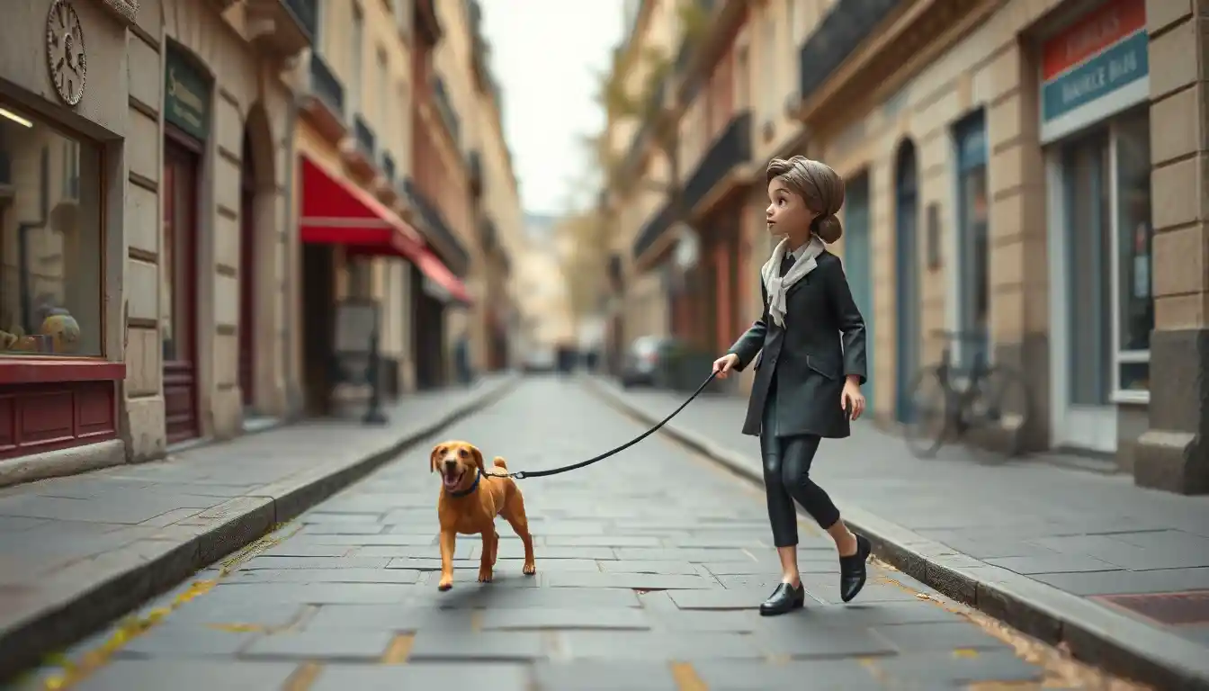 Woman walking her dog along a Paris city street