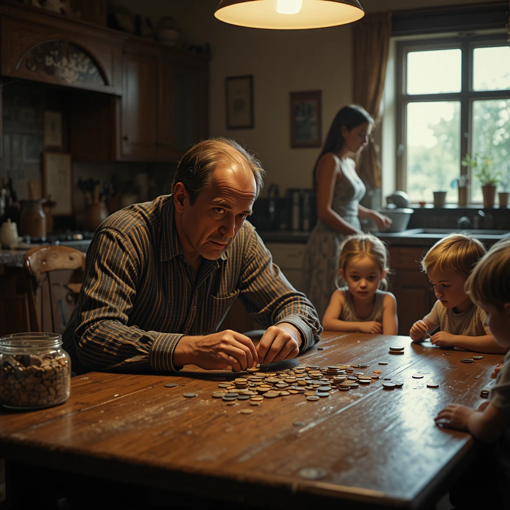 Worried father counting coins at a dim kitchen table