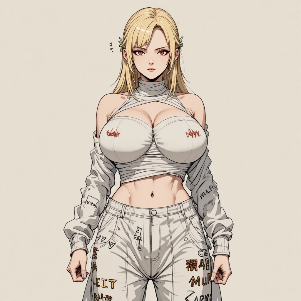 Confident anime woman in sarashi and baggy pants front view