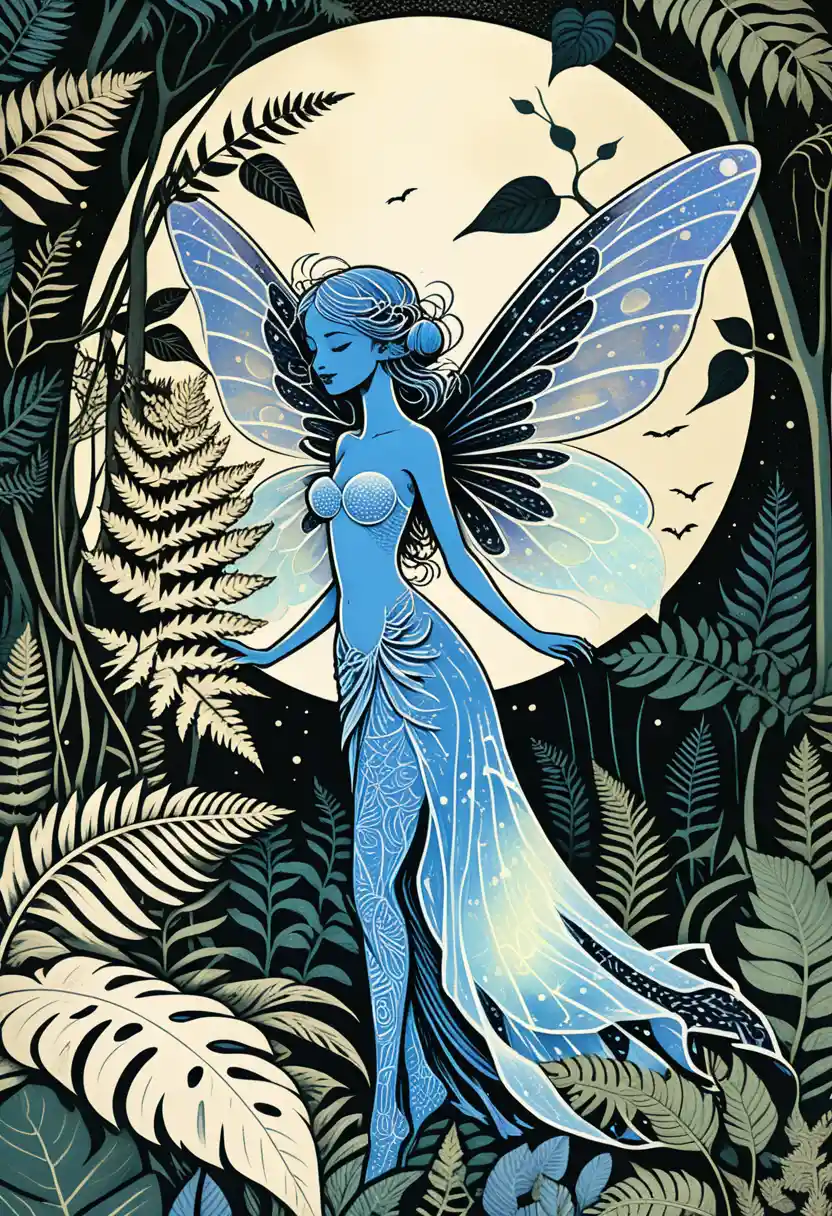 Blue fairy emerging in a moonlit enchanted forest linocut