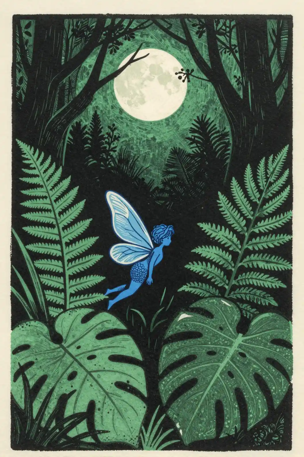 Blue fairy in a moonlit forest linocut illustration