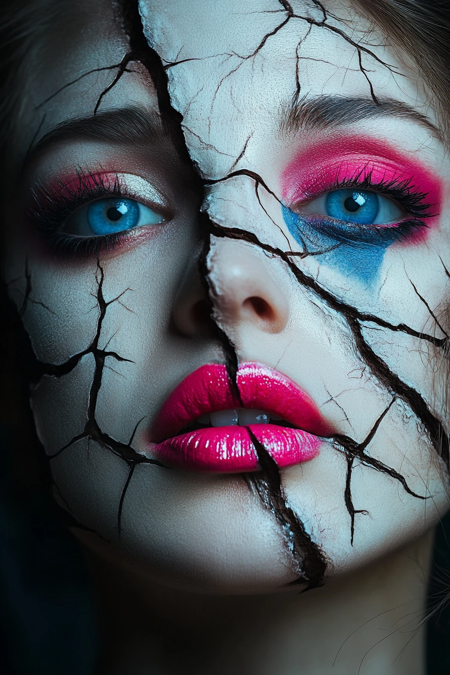 Surreal portrait of a young woman with divided porcelain face