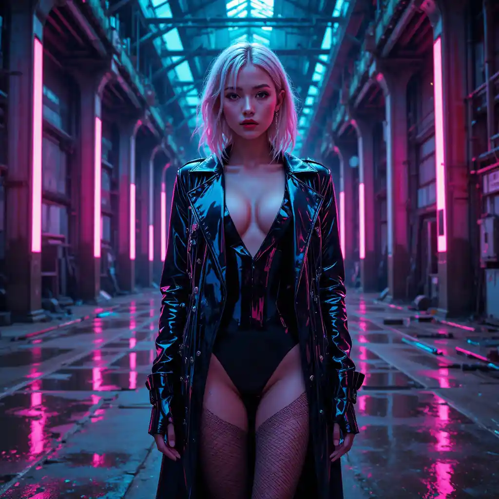 Cyberpunk woman in neon lit industrial fashion portrait