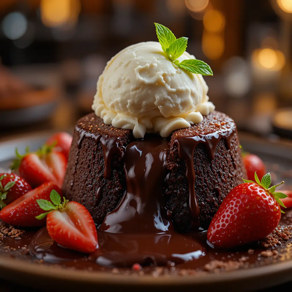 Decadent chocolate lava cake with ice cream and strawberries