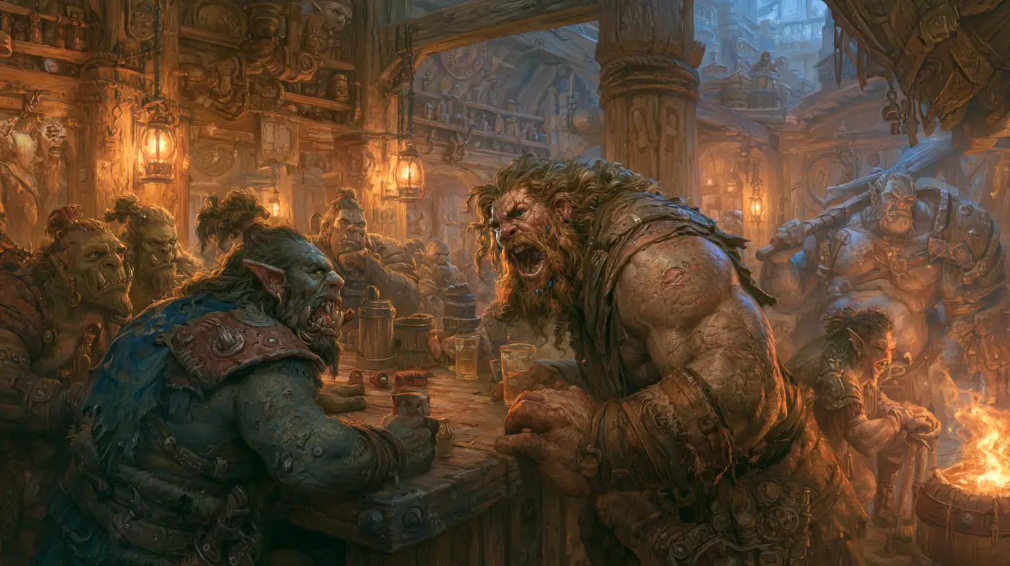 Barbarian Confronts Orc In Steampunk Fantasy Tavern