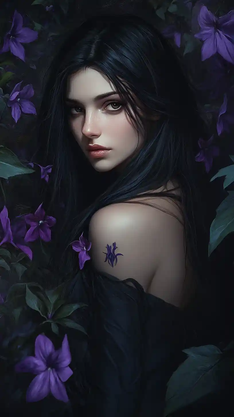 Dark fantasy woman with violet flowers in shadowy foliage
