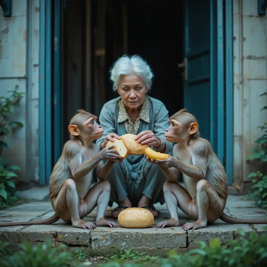 Elderly Woman Feeding Two Monkeys Outside Her House