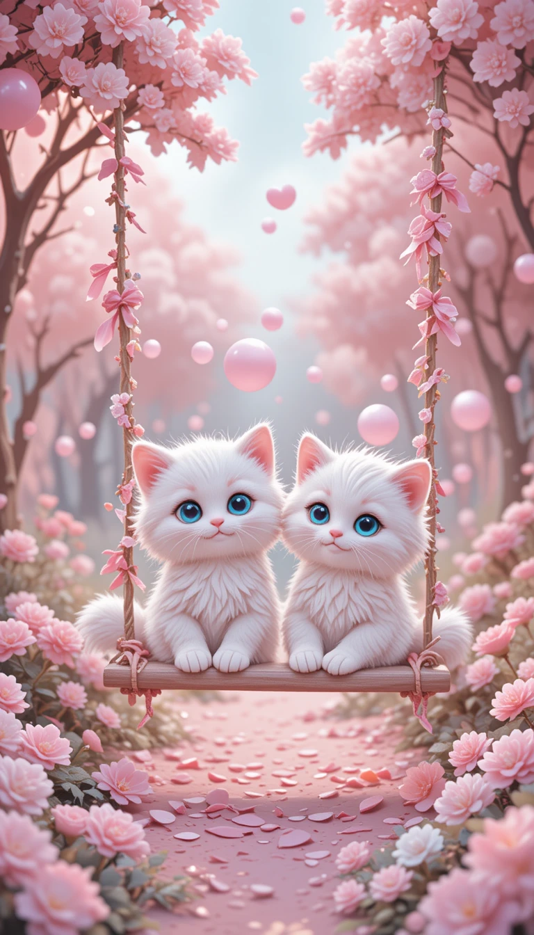 Two fluffy white kittens playing on a pastel park swing