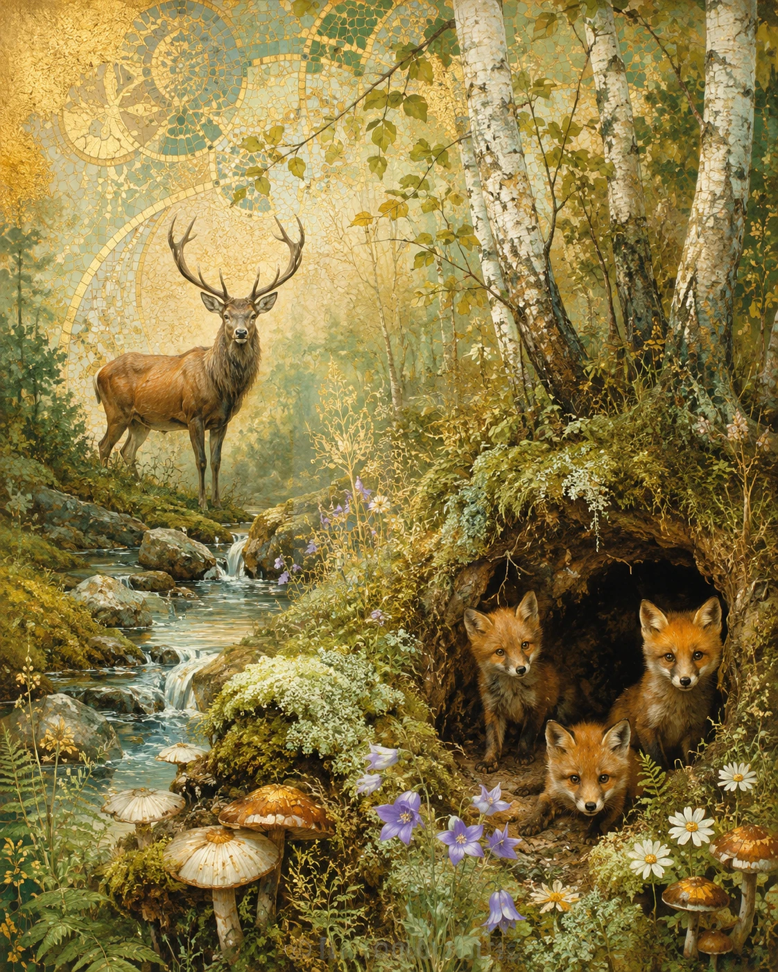 Peaceful deer by a forest stream in soft painterly style