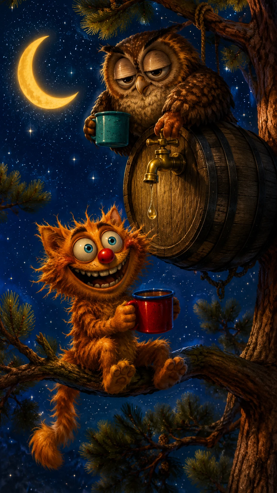 Gato pelirrojo sonriente con búho bajo un cielo nocturno estrellado