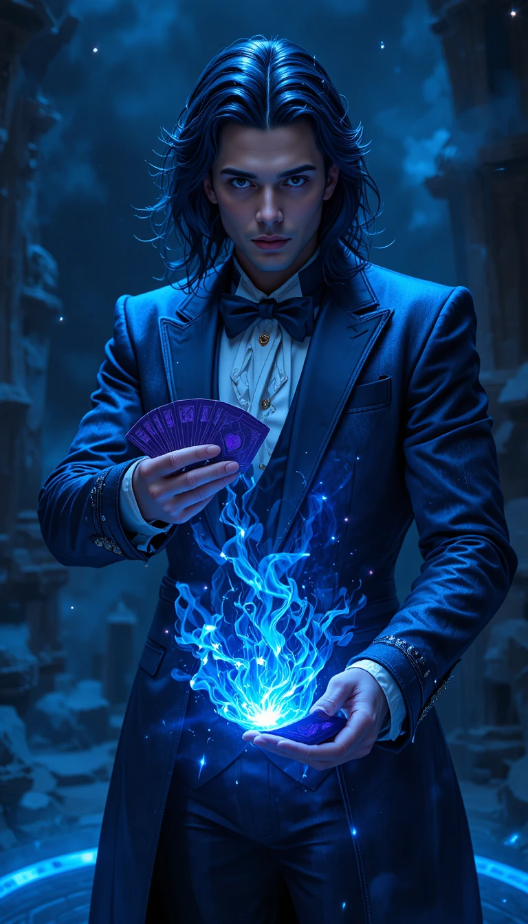Mago delle carte in abito blu magico con carte luminose