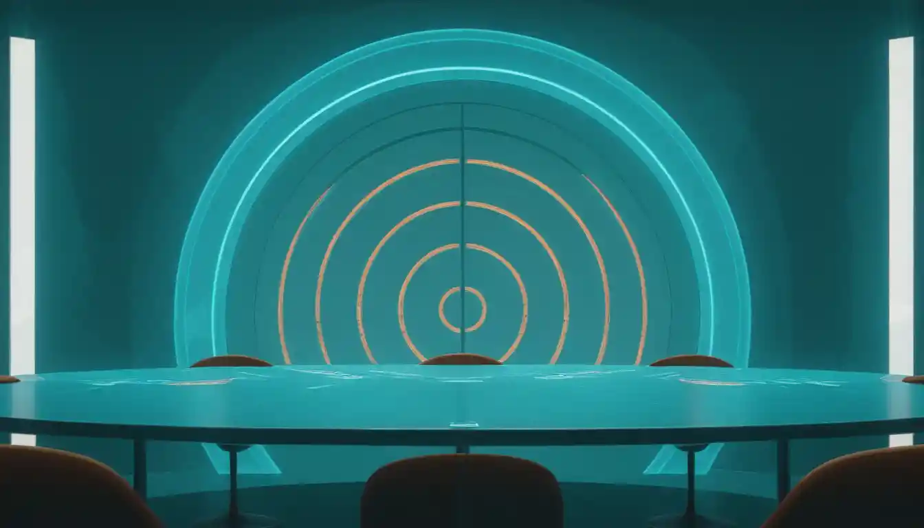 Retro futuristic 3D television studio with blue table and chairs