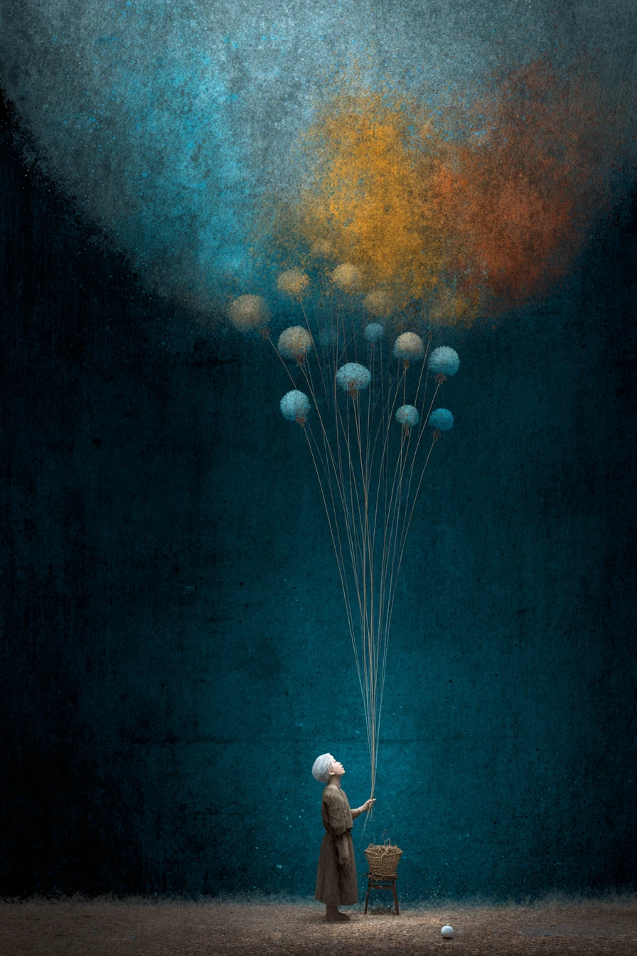 Melancholic surreal woman lost in a lightless inner world