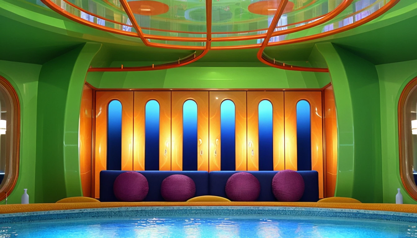 Futuristic lime green control room with modular blue sofa