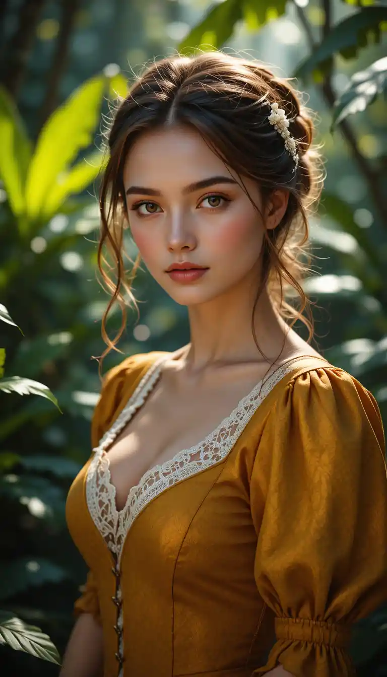 Elegant woman in yellow dress in a lush jungle