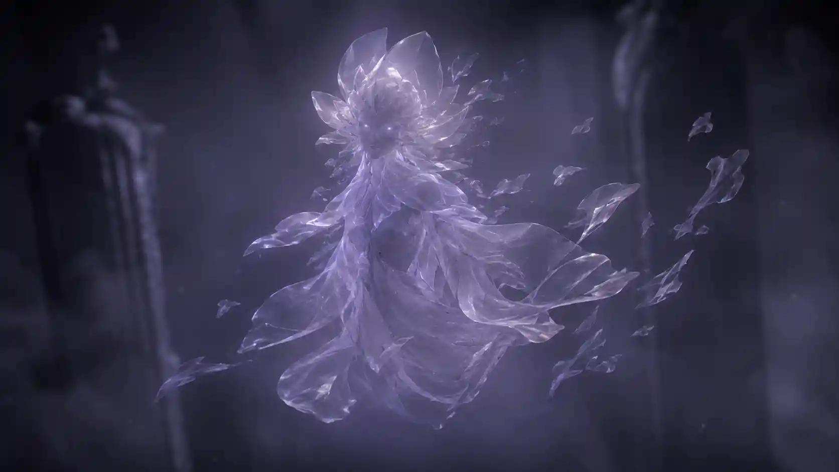 Translucent spirit of glass petals drifting in dim violet haze