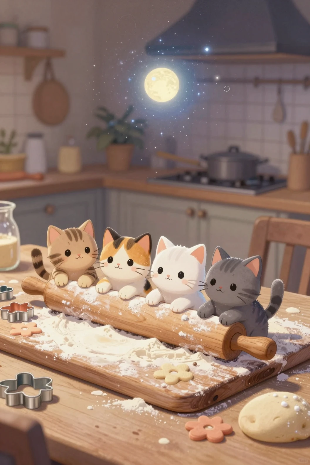 Four kittens on a rolling pin in a cozy kitchen scene