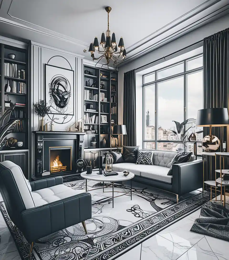 Moody eclectic 3D interior room with witchy maximalist decor