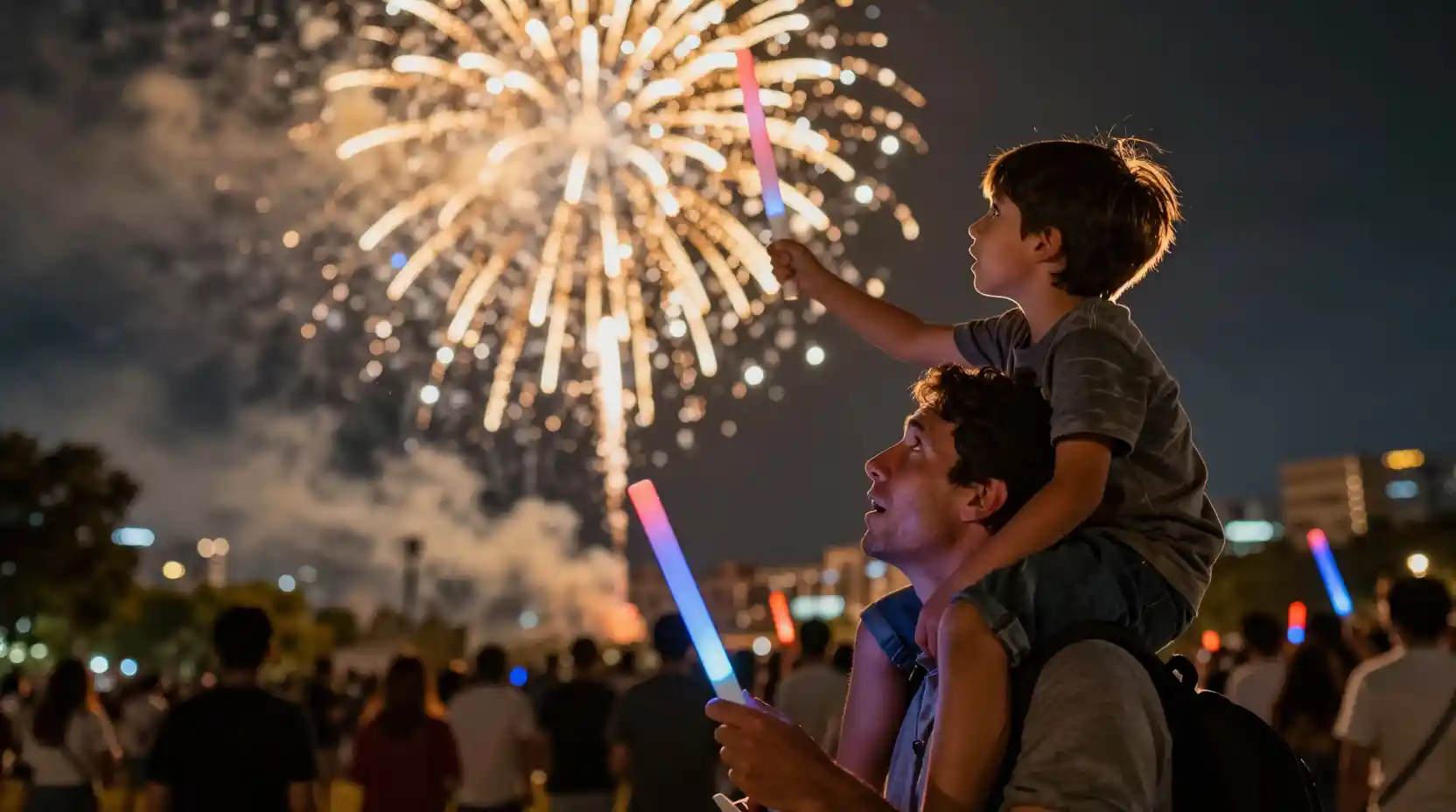 Father and son watching fireworks in a crowded city park