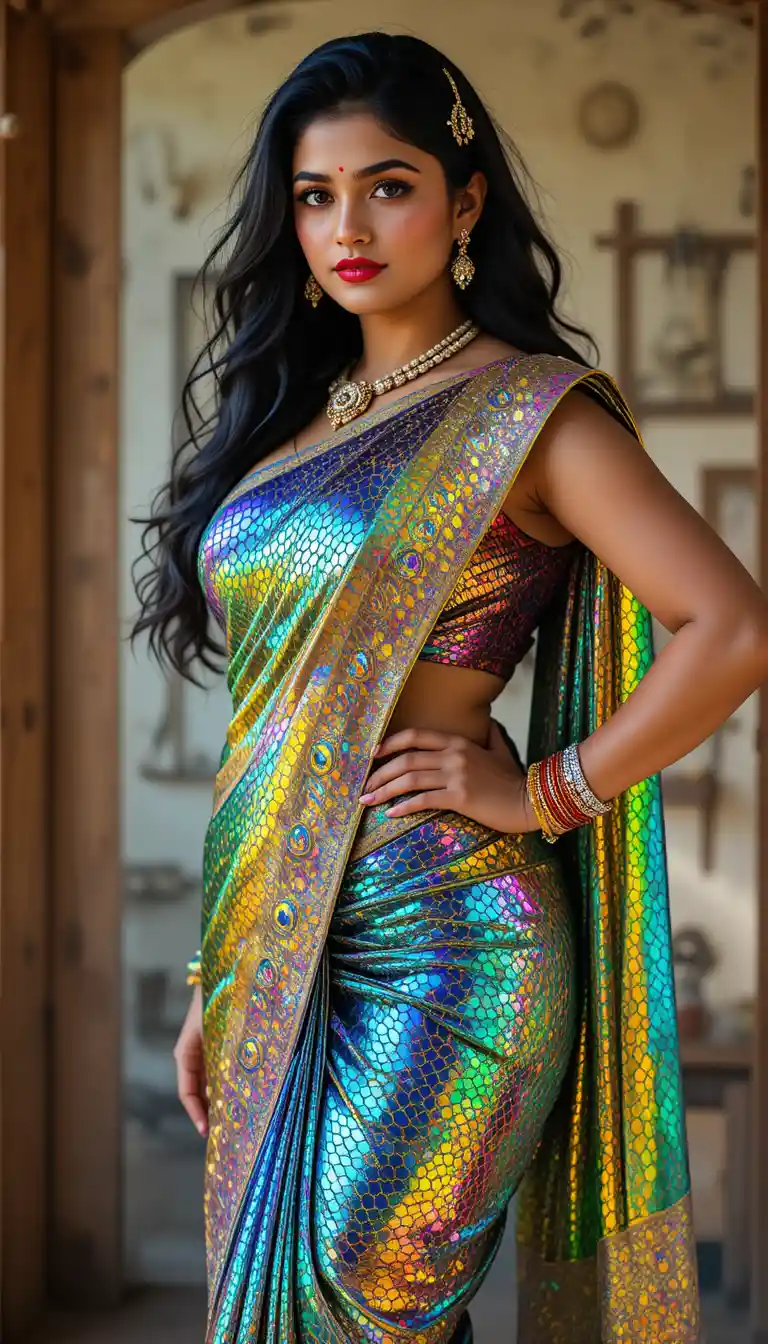 Tamil woman in glossy mirror saree bending at the waist